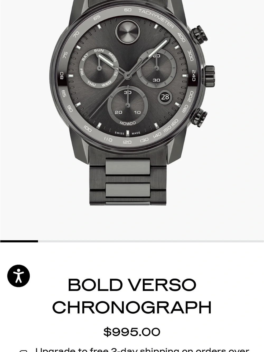 New Movado Bold Verso Gunmetal Gray Chronograph Watch